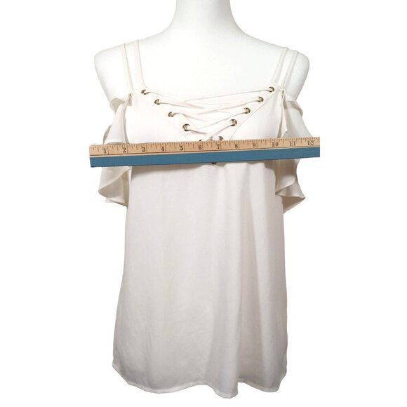 Express Womens White Spaghetti Strap Lace Up Cold Shoulder Cami Ruffle Sleeve La - Picture 7 of 9